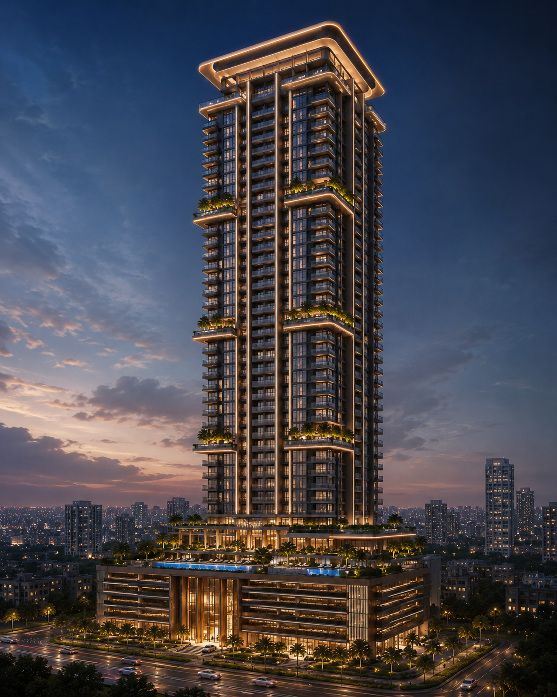 Duville Estates luxury highrise tower evening view