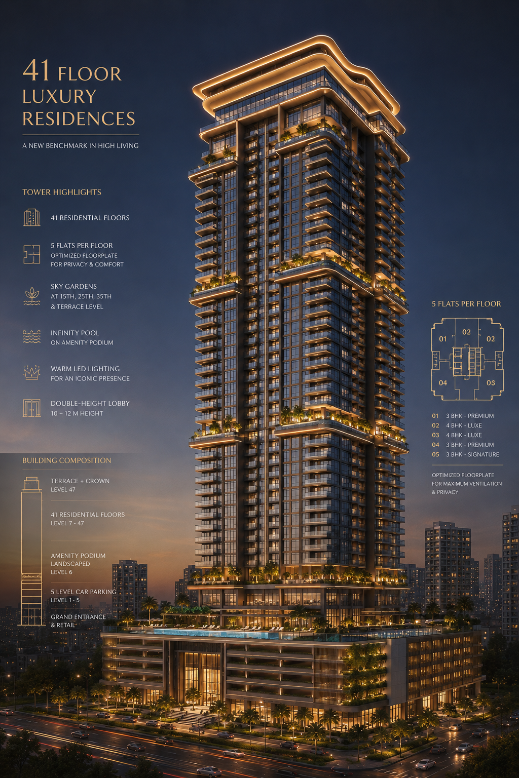 Duville Estates tower highlights with floor composition and luxury residence features